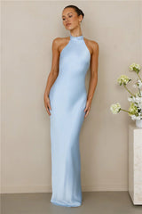 The Cleo Halter Satin Maxi Dress Blue