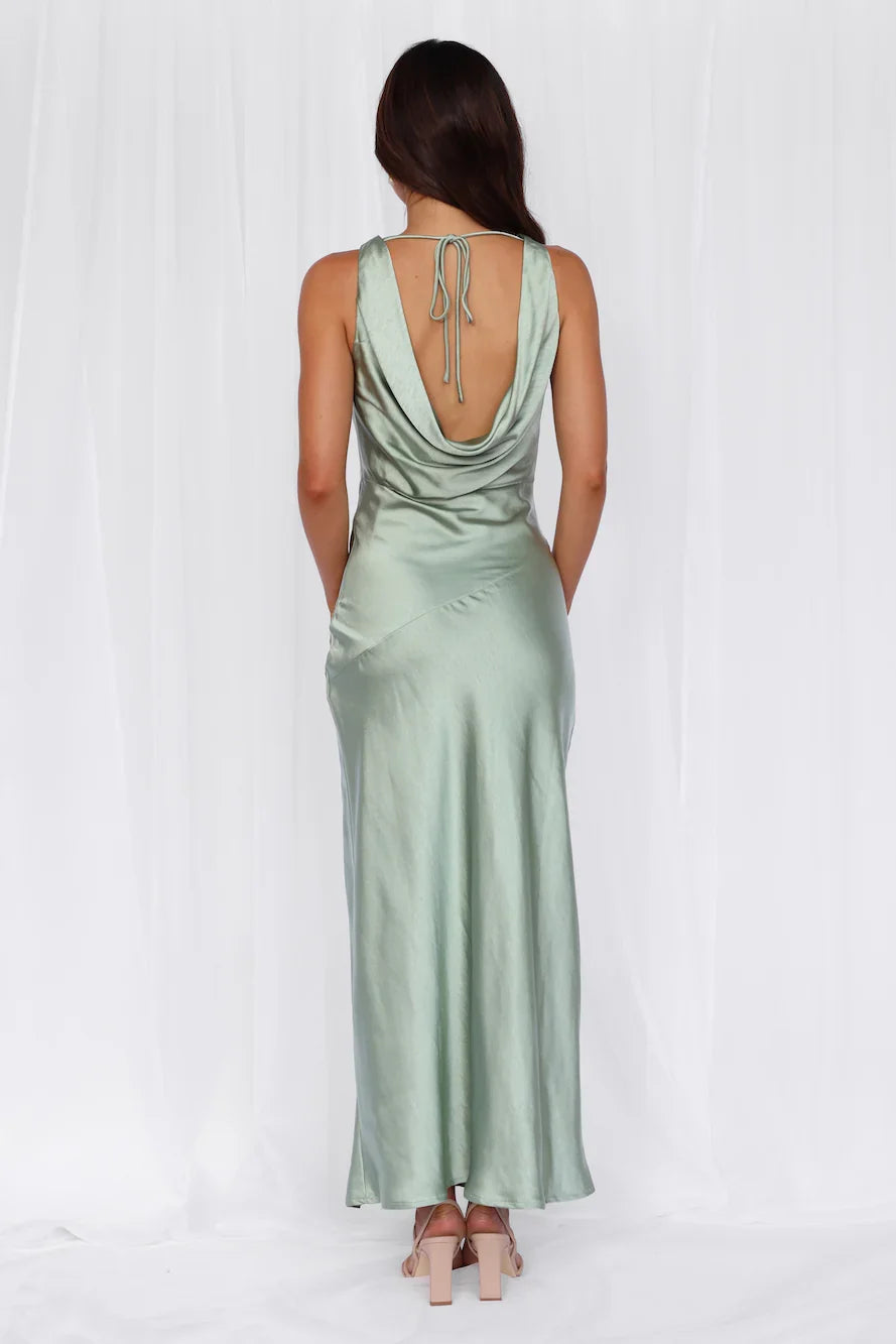 The Loretta Cowl Satin Maxi Dress Sage