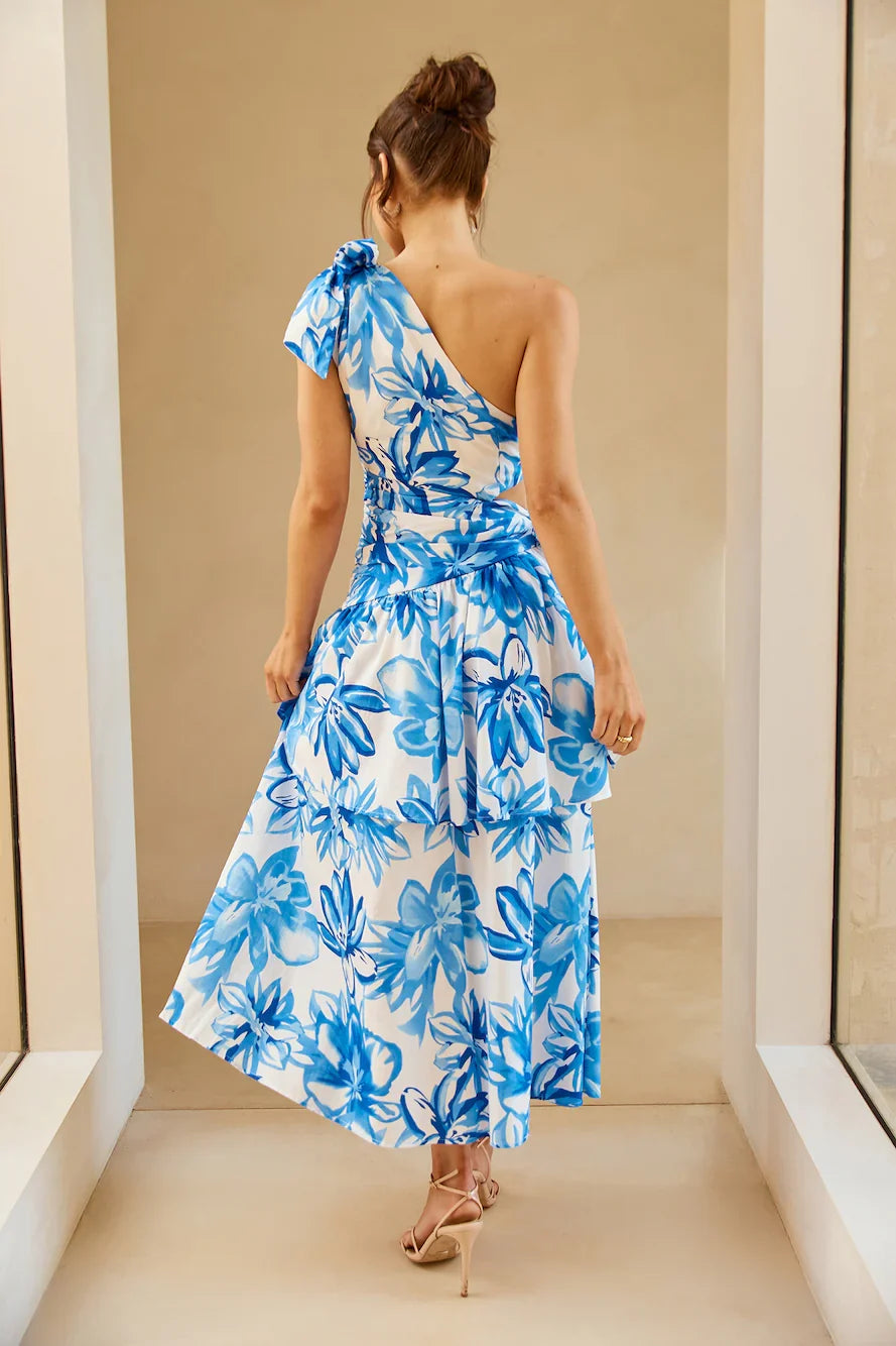 Vibrance Lover One Shoulder Midi Dress Blue