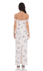 Tulle Off Shoulder Floral Maxi Dress in White