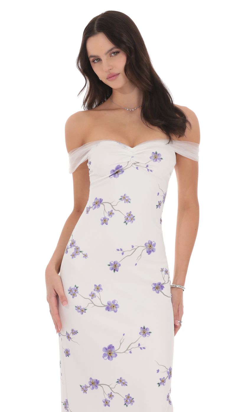Tulle Off Shoulder Floral Maxi Dress in White