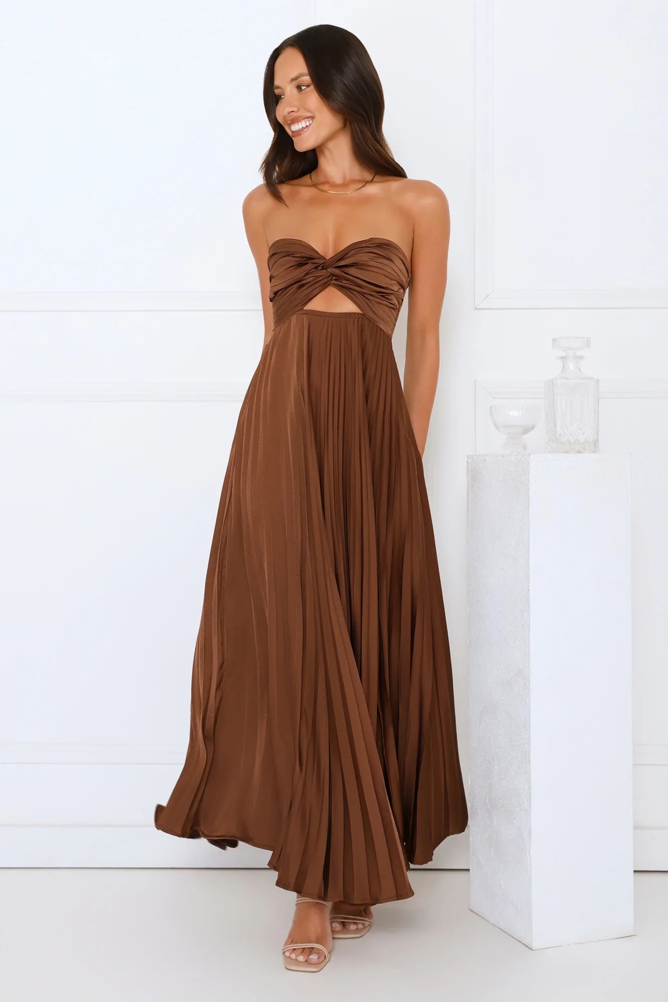 Vibes Are Priceless Strapless Satin Pleated Maxi Dress Brown
