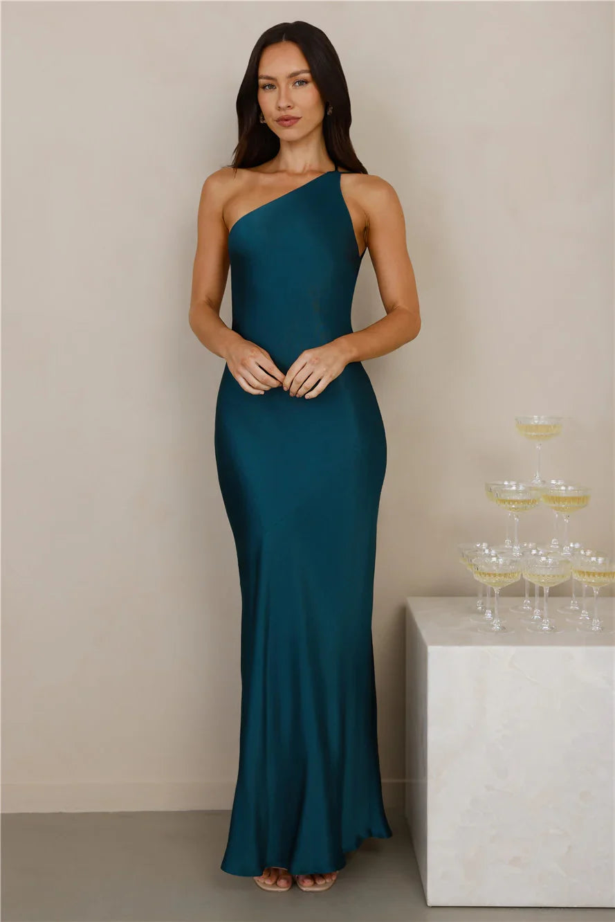 The Evangeline One Shoulder Satin Maxi Dress Teal