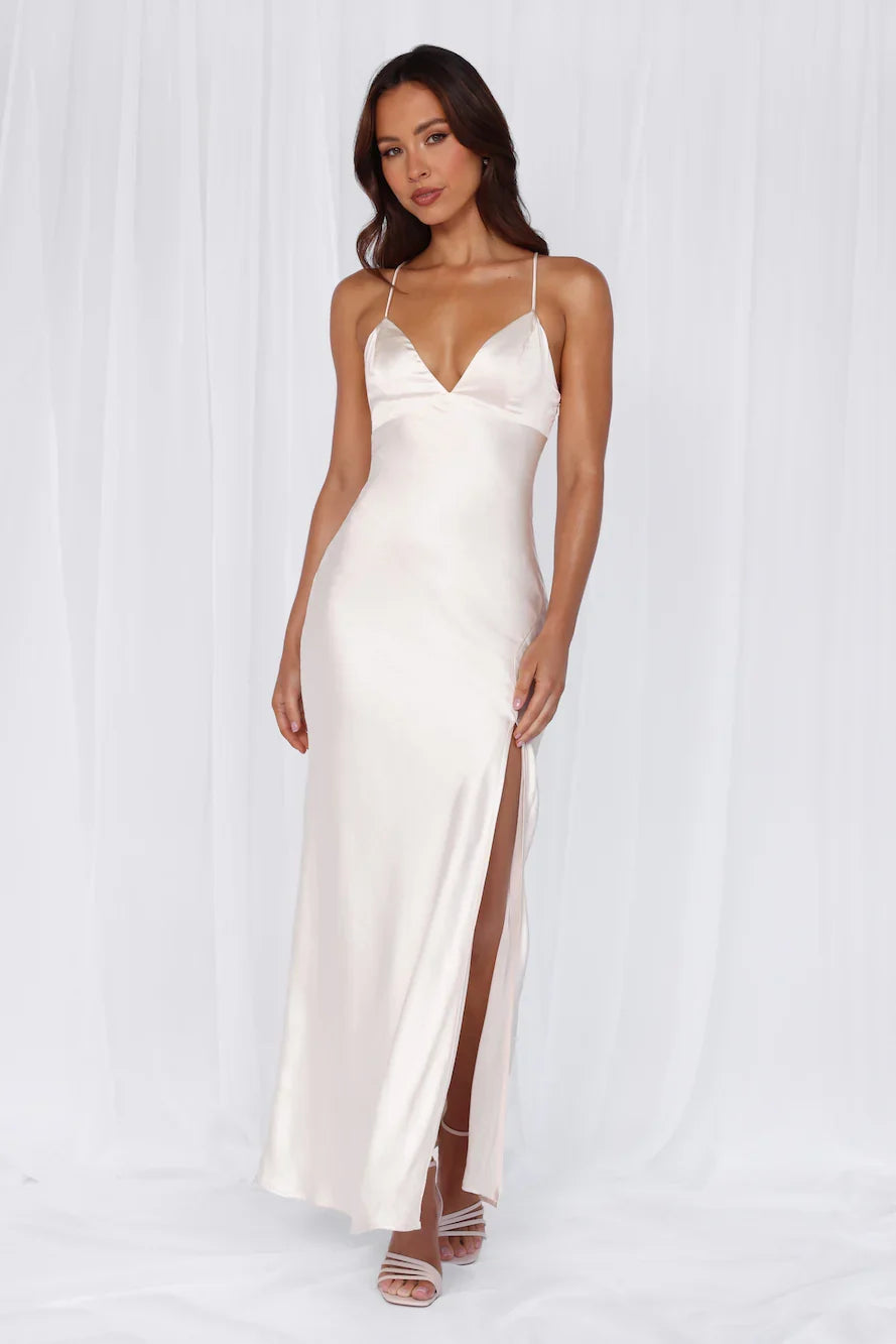The Sophia Satin Maxi Dress Pearl