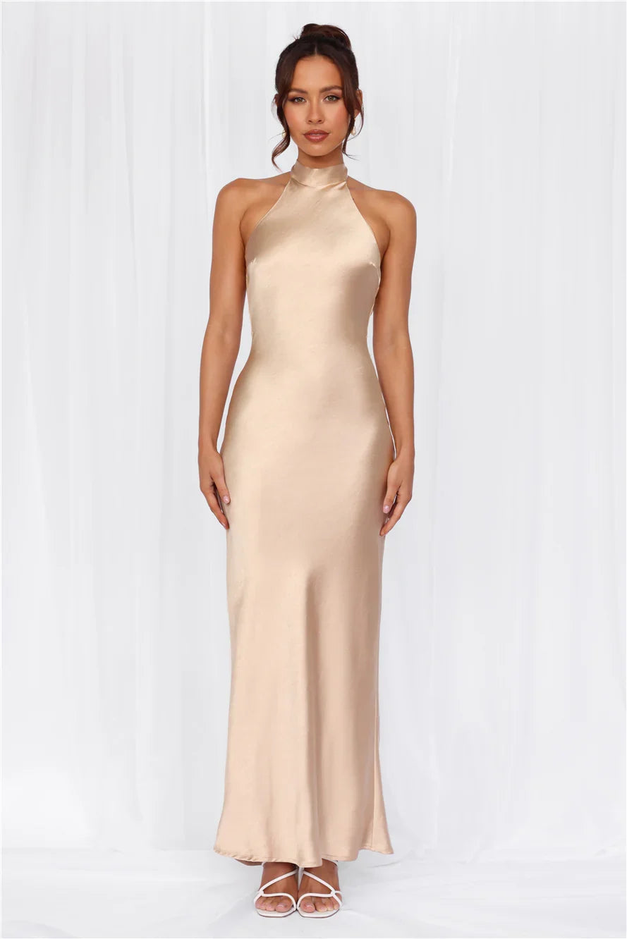 The Cleo Halter Satin Maxi Dress Champagne