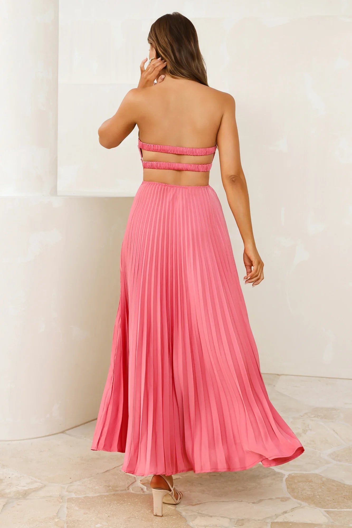 Vibes Are Priceless Strapless Satin Pleated Maxi Dress Rose