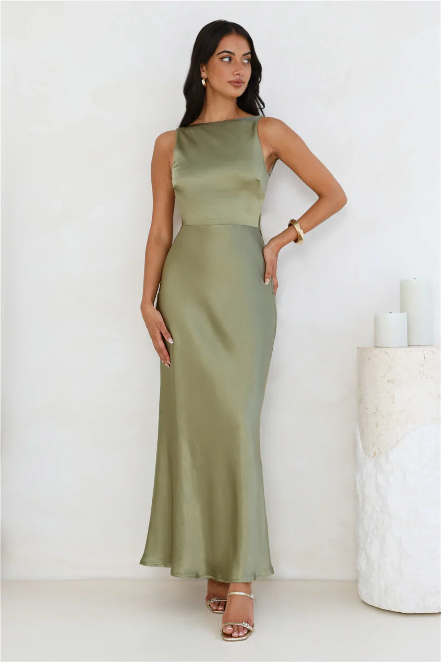 Unveiled Sophistication Satin Maxi Dress Olive