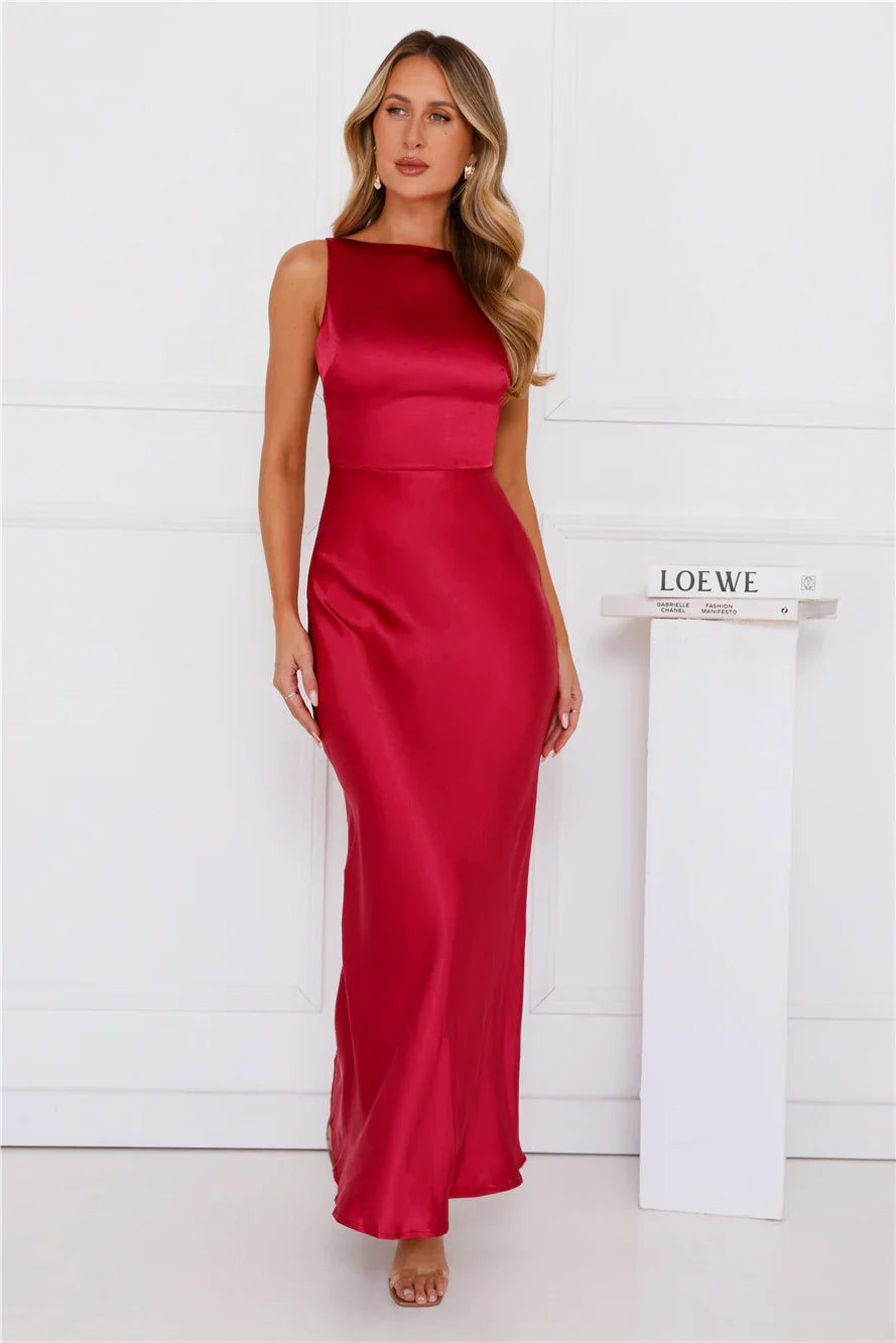 Unveiled Sophistication Satin Maxi Dress Ruby