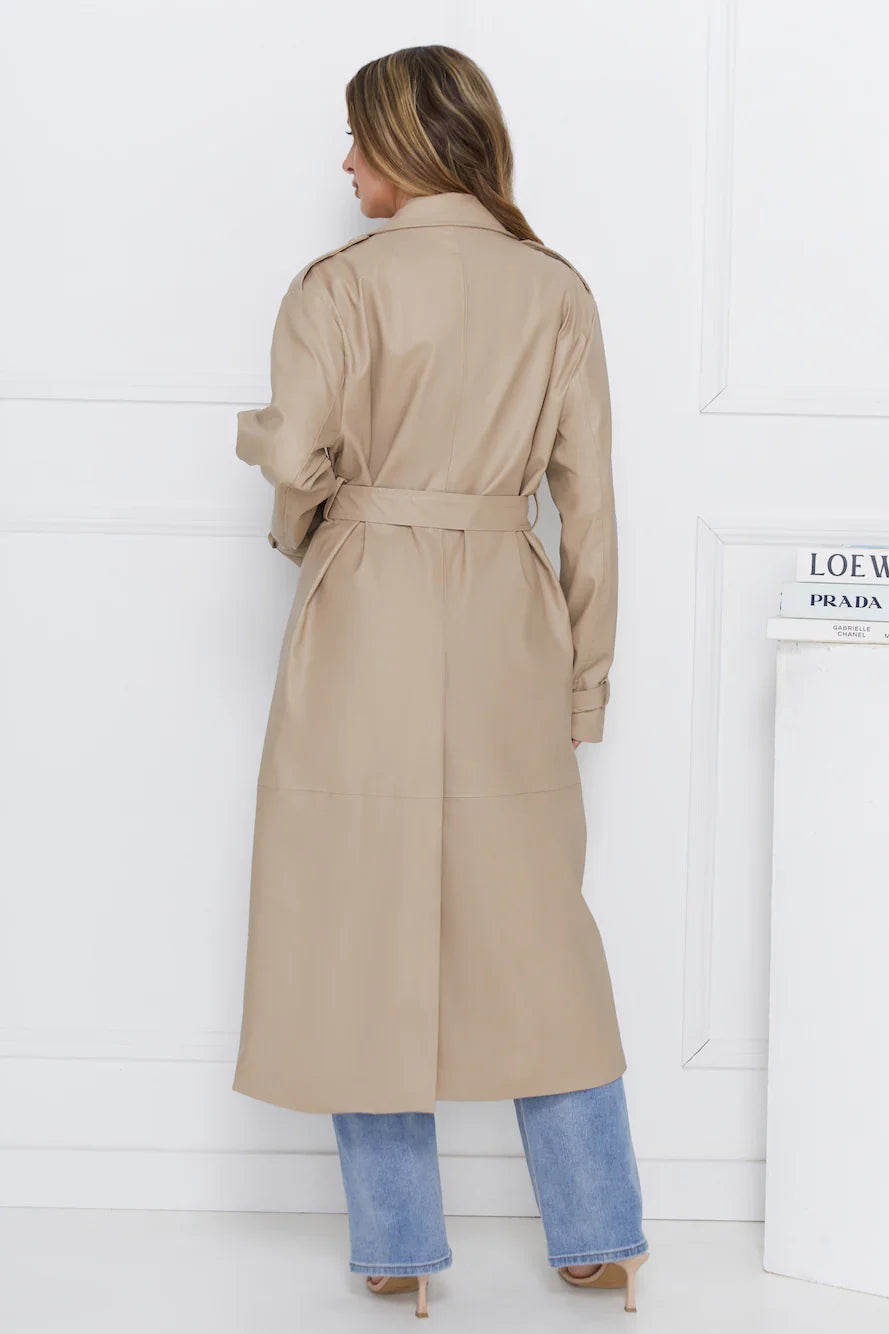 Subtle Sophistication Faux Leather Trench Coat Beige