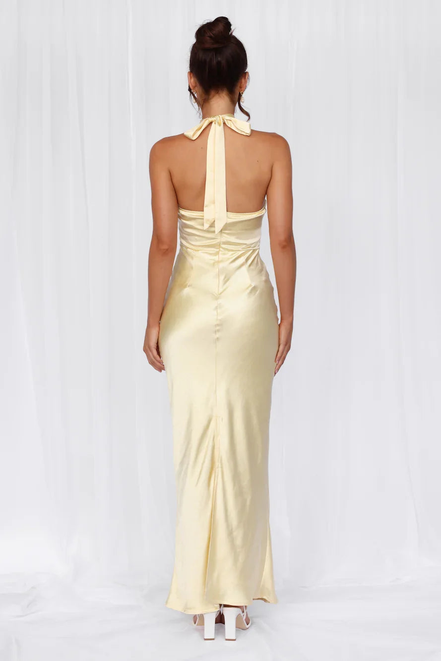 The Cleo Halter Satin Maxi Dress Yellow