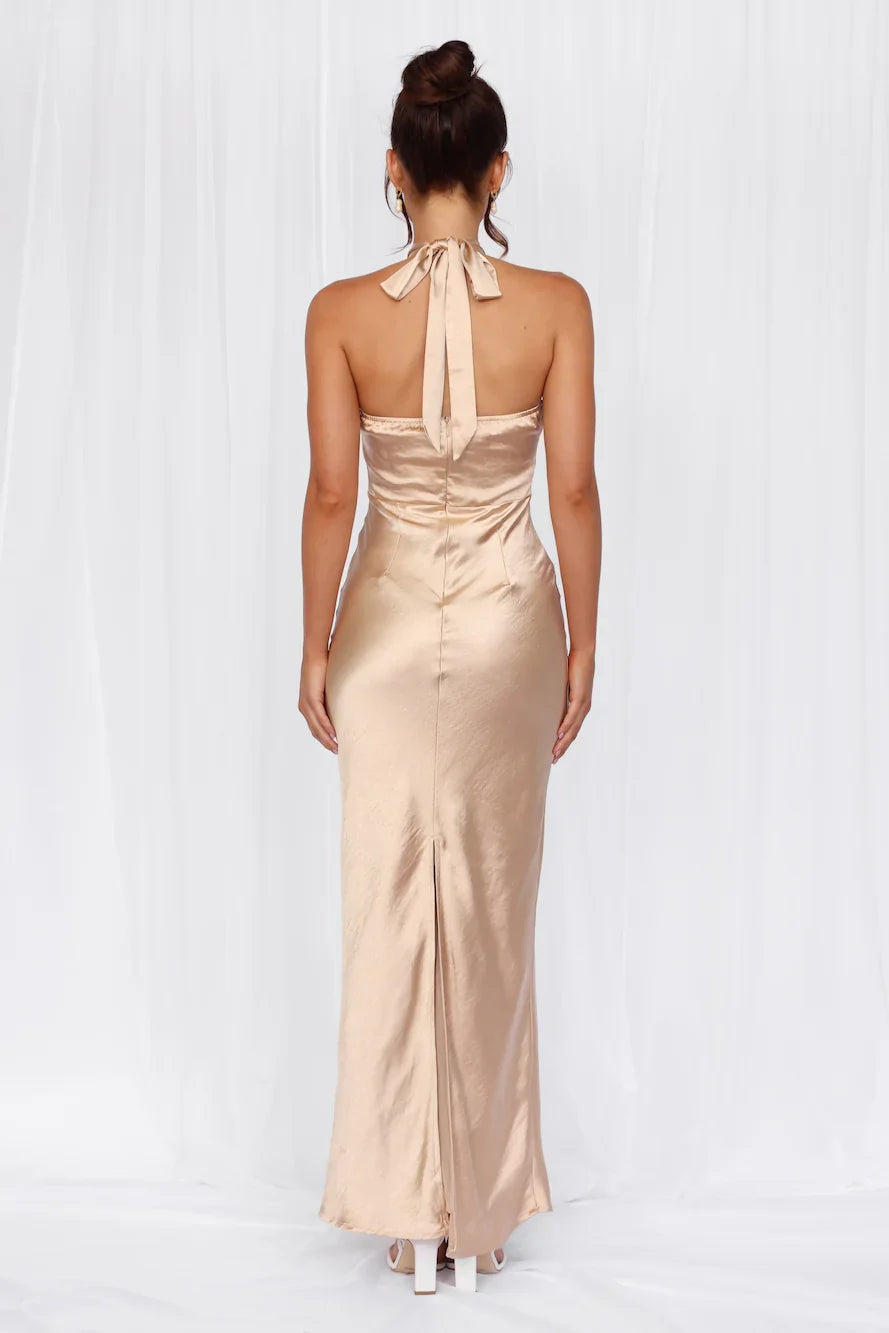 The Cleo Halter Satin Maxi Dress Champagne